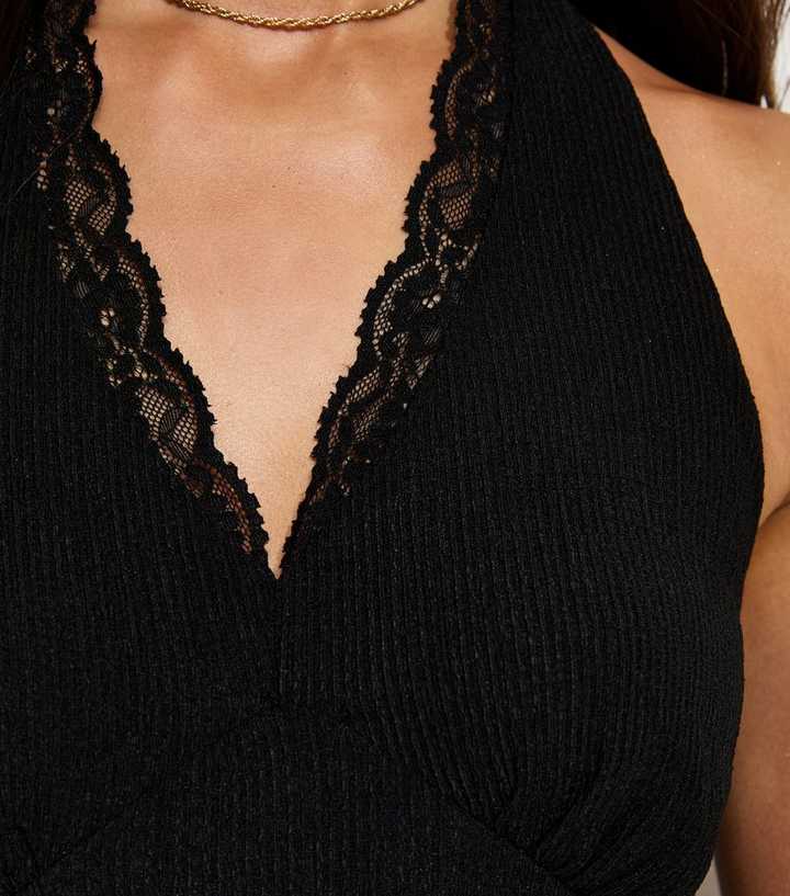 textured crinkle lace midi dress ASOS DESIGN high neck textured crinkle midi dress with lace panel cut outs in black