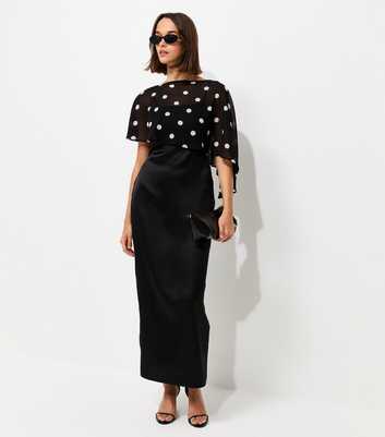 Black Satin Spot Print Cape Midi Dress