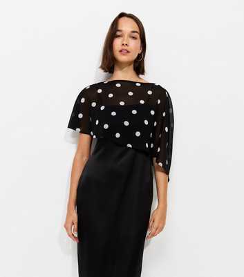 Black Satin Spot Print Cape Midi Dress