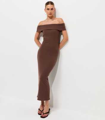 Dark Brown Off Shoulder Bardot Midi Dress