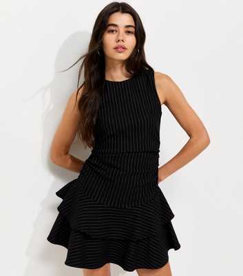 Black Pinstripe Ruched Tiered Skirt Mini Dress