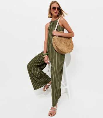 Green Crinkle Texture Striped Halter Neck Jumpsuit