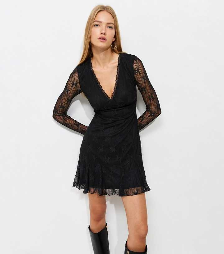 Black Floral Lace V-Neck Long Sleeve Mini Dress