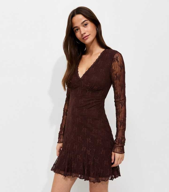 Dark Brown FloralV Lace V-Neck Long Sleeve Mini Dress