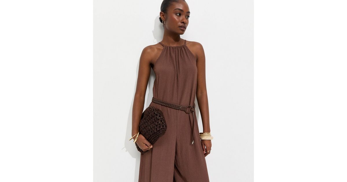 Dark Brown Crinkle Texture Halter Neck Jumpsuit