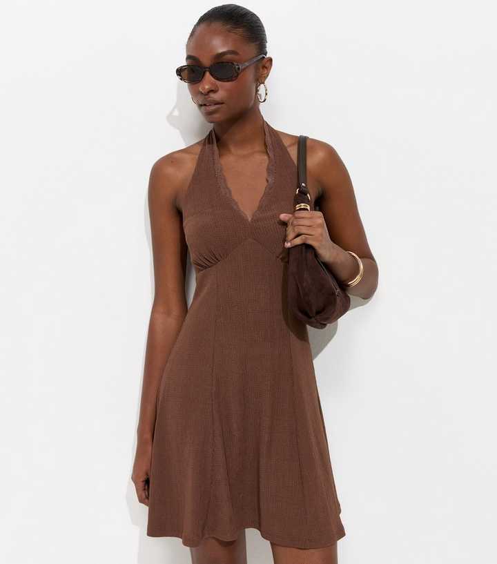 Dark Brown Lace Trim Halter Neck Mini Dress