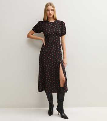 Black Floral Puff Sleeve Midi Dress