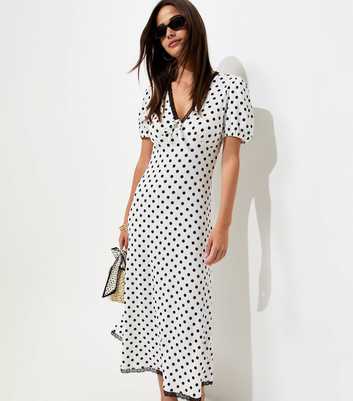 Cream Polka Dot Short Sleeve Midi Dress