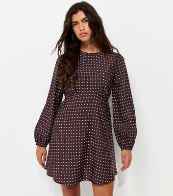Brown Polka Dot Long Sleeve Mini Dress