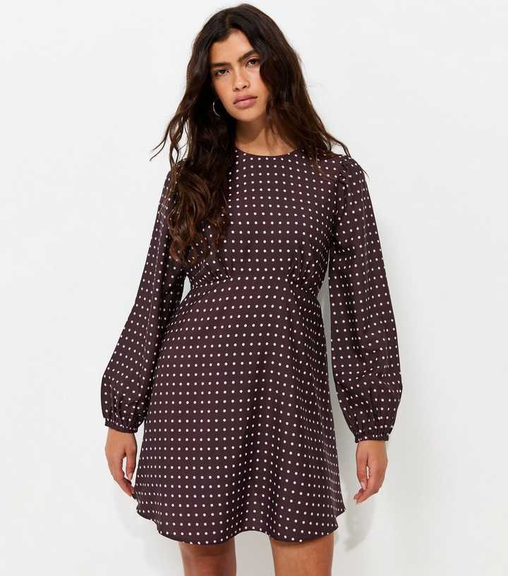 Brown Polka Dot Long Sleeve Mini Dress