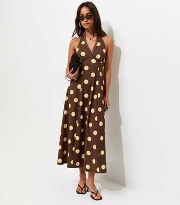 Dark Brown Polka Dot Halter Neck Midi Dress
