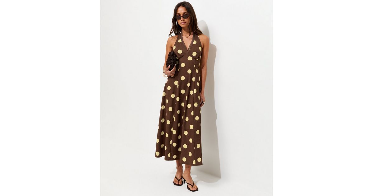 Dark Brown Polka Dot Halter Neck Midi Dress