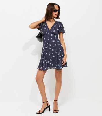 Blue Ditsy Print V Neck Mesh Mini Dress
