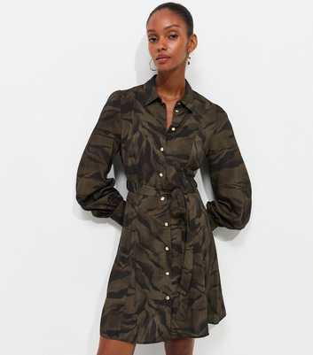 Green Woven Abstract Print Mini Shirt Dress