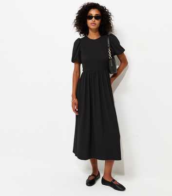 Black Shirred Bodice Textured Midi Dress