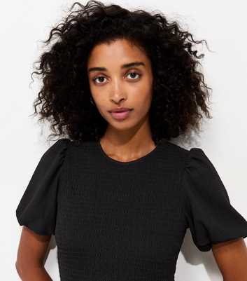 Black Shirred Bodice Textured Midi Dress