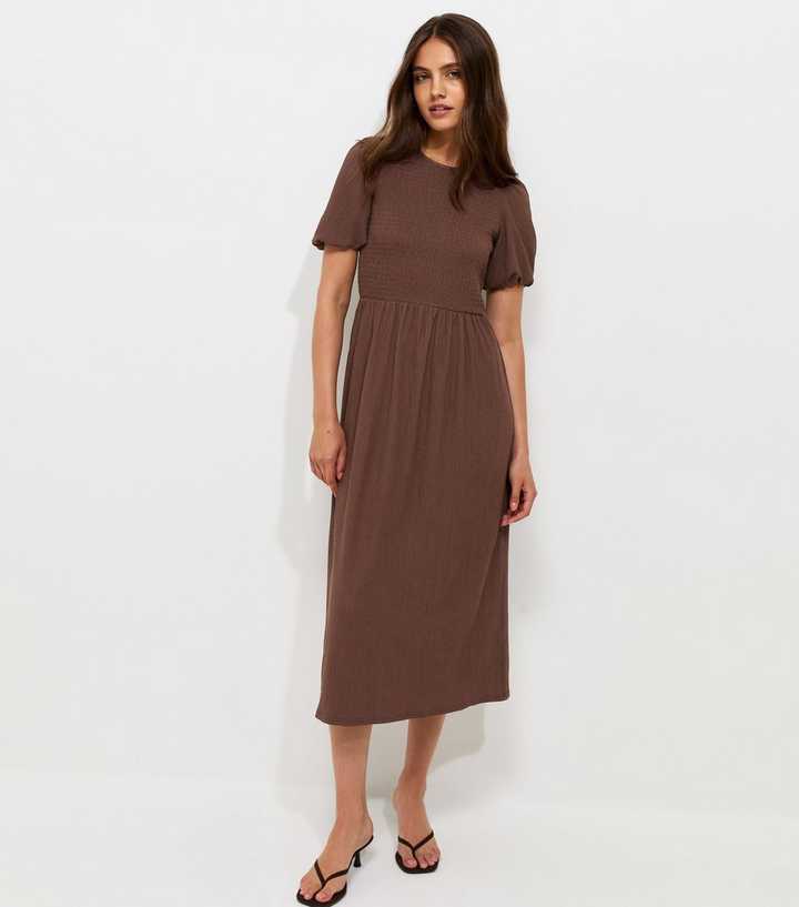 Dark Brown Shirred Bodice Textured Midi Dress