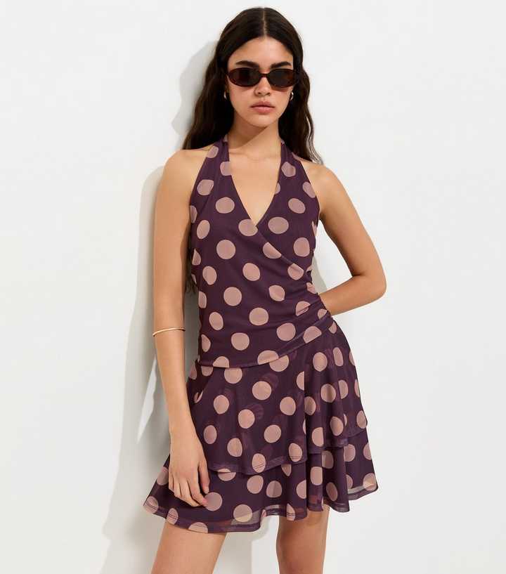 Burgundy Mesh Polka Dot Halterneck Mini Dress