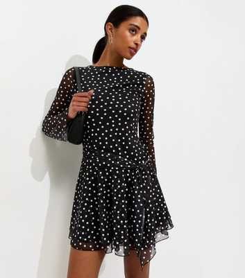 Black Polka Dot Flared Sleeve Frill Mini Dress