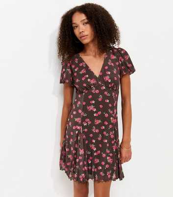 Brown Floral Print V-Neck Mesh Mini Dress