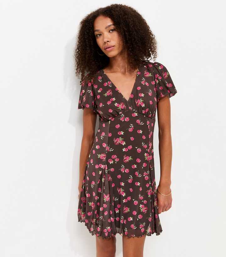 Brown Floral Print V-Neck Mesh Mini Dress