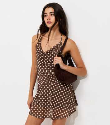Brown Mesh Polka Dot Halter Neck Mini Dress