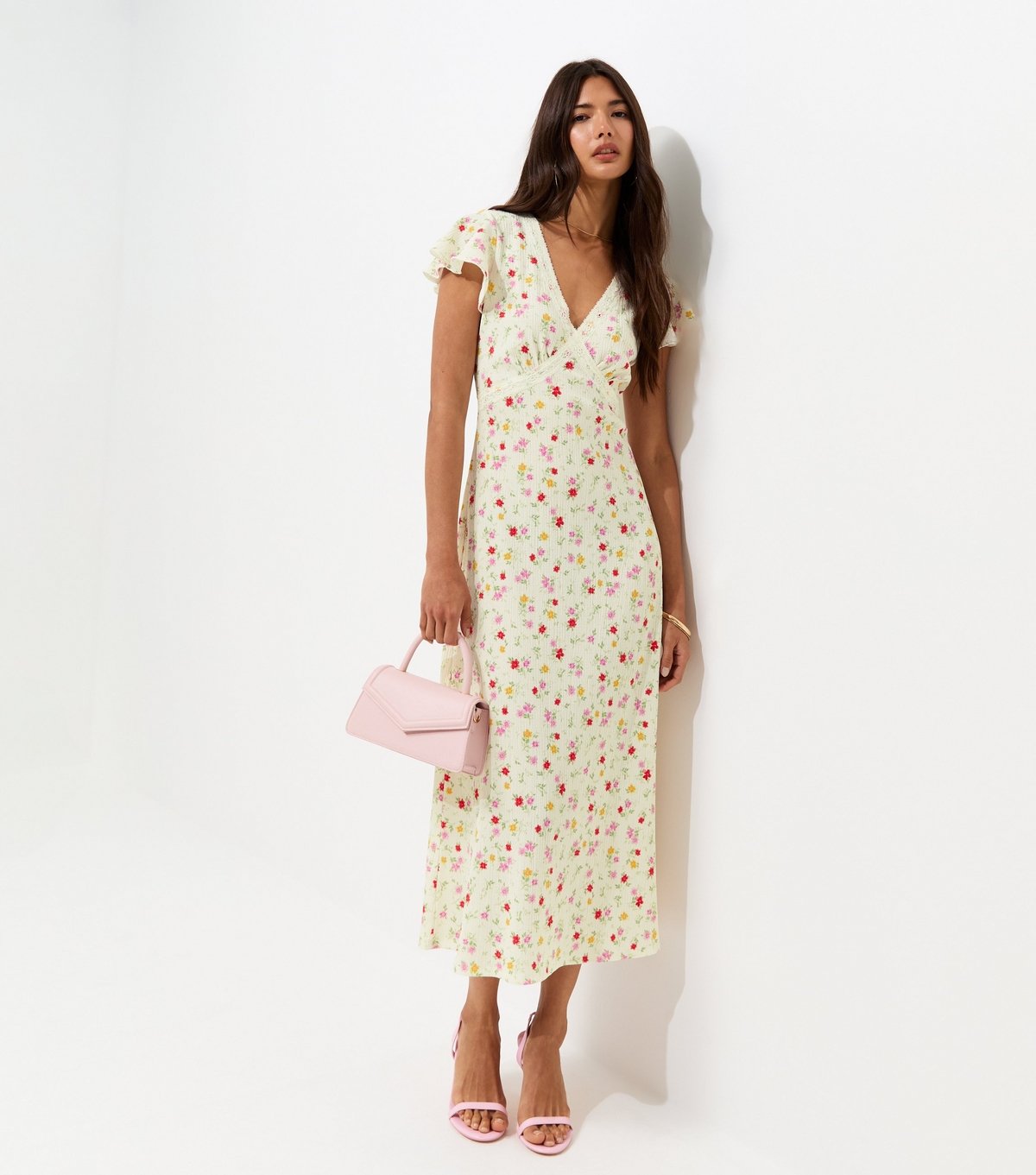 Women's Cream Floral Flutter Sleeve Lace Trim Midi Dress New Look