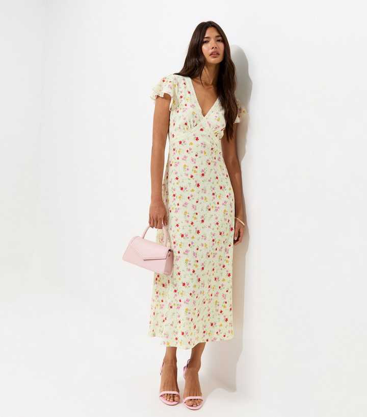 Cream Floral Flutter Sleeve Lace Trim Midi Dress