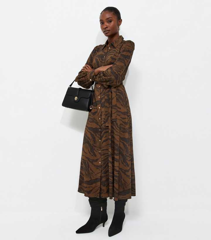 Brown Animal Print Long Sleeve Midi Shirt Dress