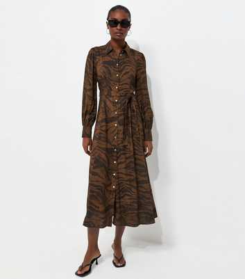 Brown Animal Print Long Sleeve Midi Shirt Dress