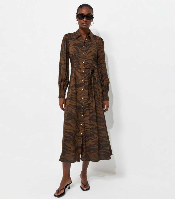 Brown Animal Print Long Sleeve Midi Shirt Dress