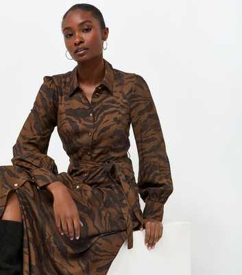 Brown Animal Print Long Sleeve Midi Shirt Dress