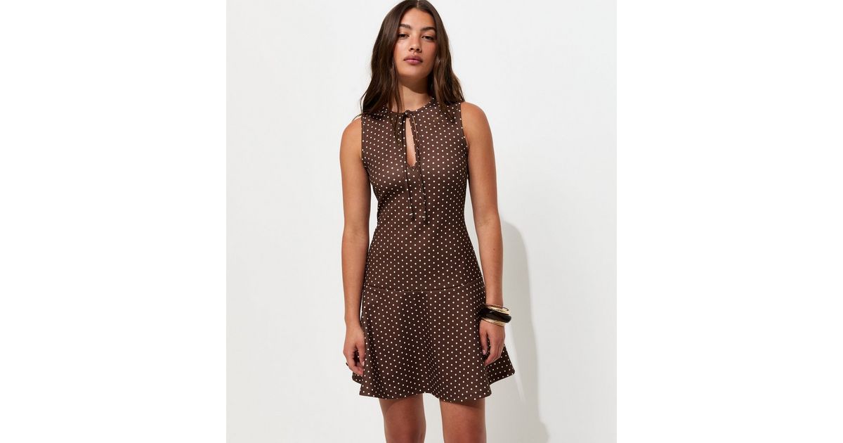 Brown Spot Print Keyhole Drop Waist Mini Dress