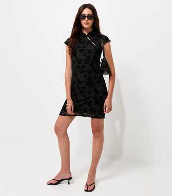 Black Floral Flocked Double Keyhole Mini Dress