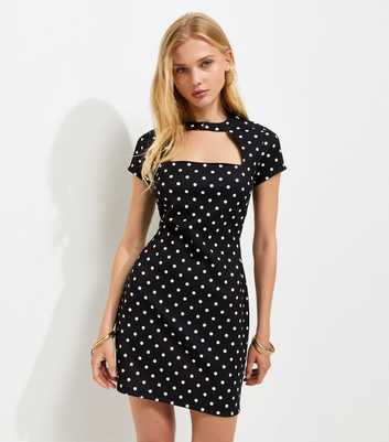 Black Polka Dot Cut Out Neck Mini Dress