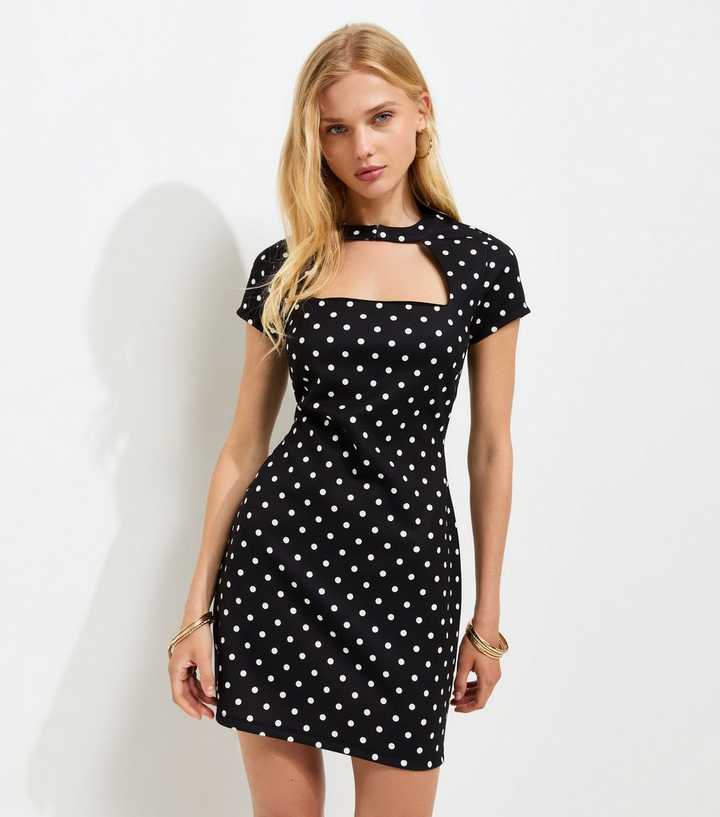 Black Polka Dot Cut Out Neck Mini Dress