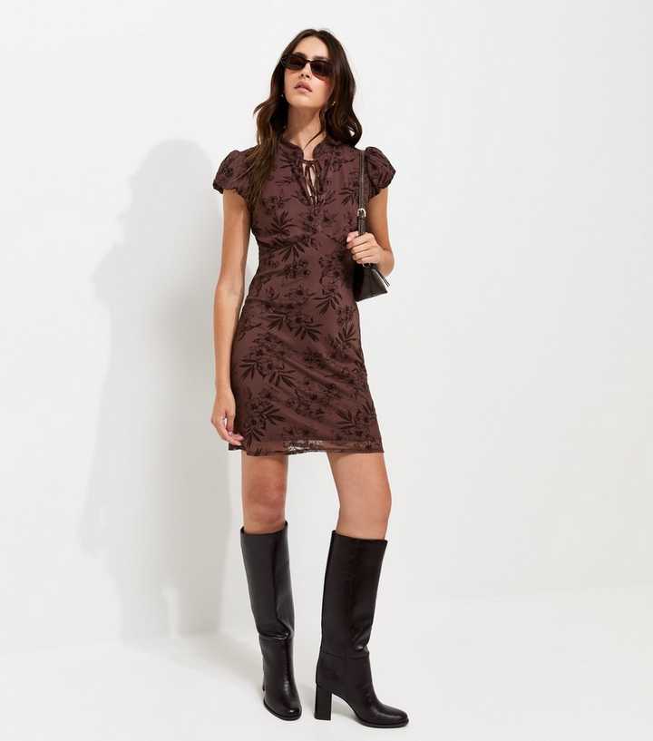 Dark Brown Floral Flocked Keyhole Tie Neckline Mini Dress