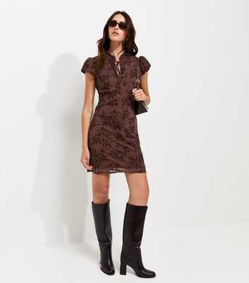 Dark Brown Floral Flocked Keyhole Tie Neckline Mini Dress
