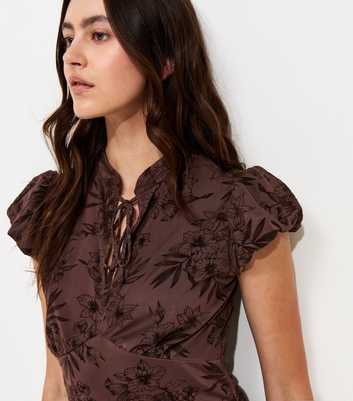 Dark Brown Floral Flocked Keyhole Tie Neckline Mini Dress