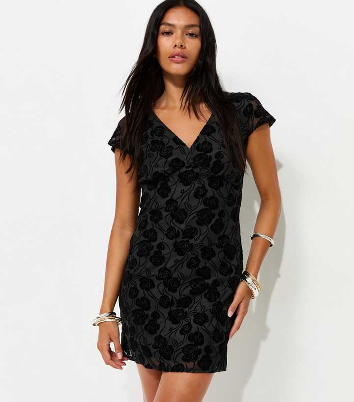 Black Flocked Velvet Trim V-Neck Mini Dress