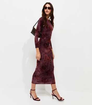 Red Floral Devore Ruched Side Midi Dress