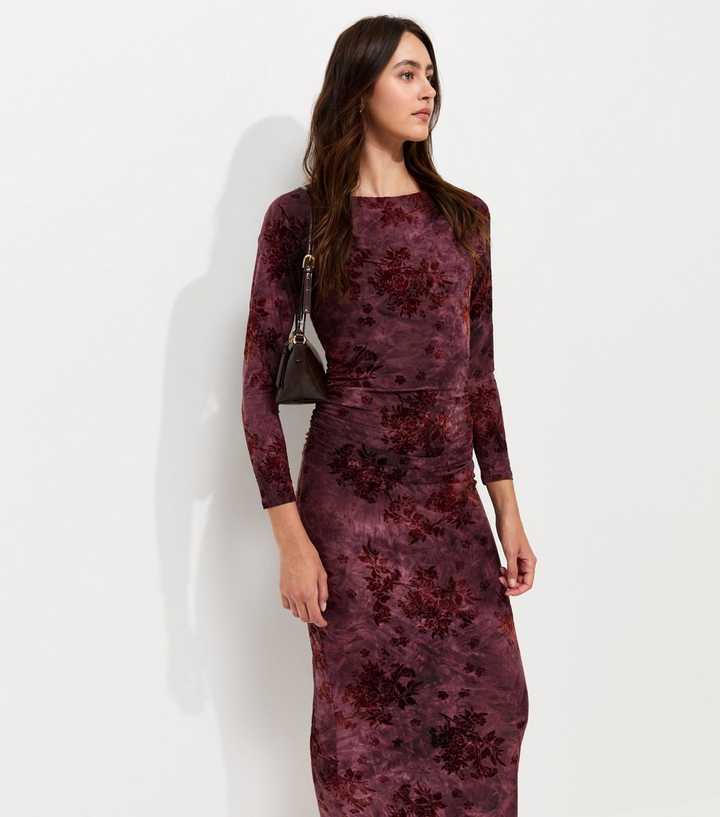 Red Floral Devore Ruched Side Midi Dress