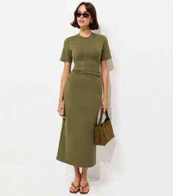 Dark Khaki Ruched Side Short Sleeve Midi Dress