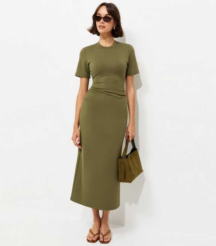 Dark Khaki Ruched Side Short Sleeve Midi Dress