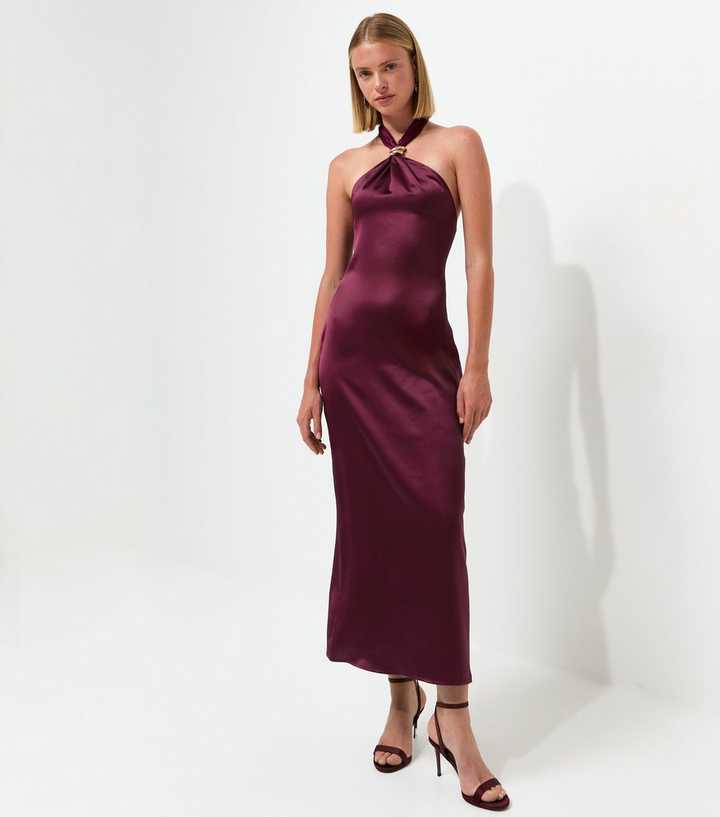 Dark Burgundy Satin Hardware Detail Halter Neck Midi Dress