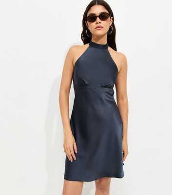 Navy Satin Halter Neck Mini Dress