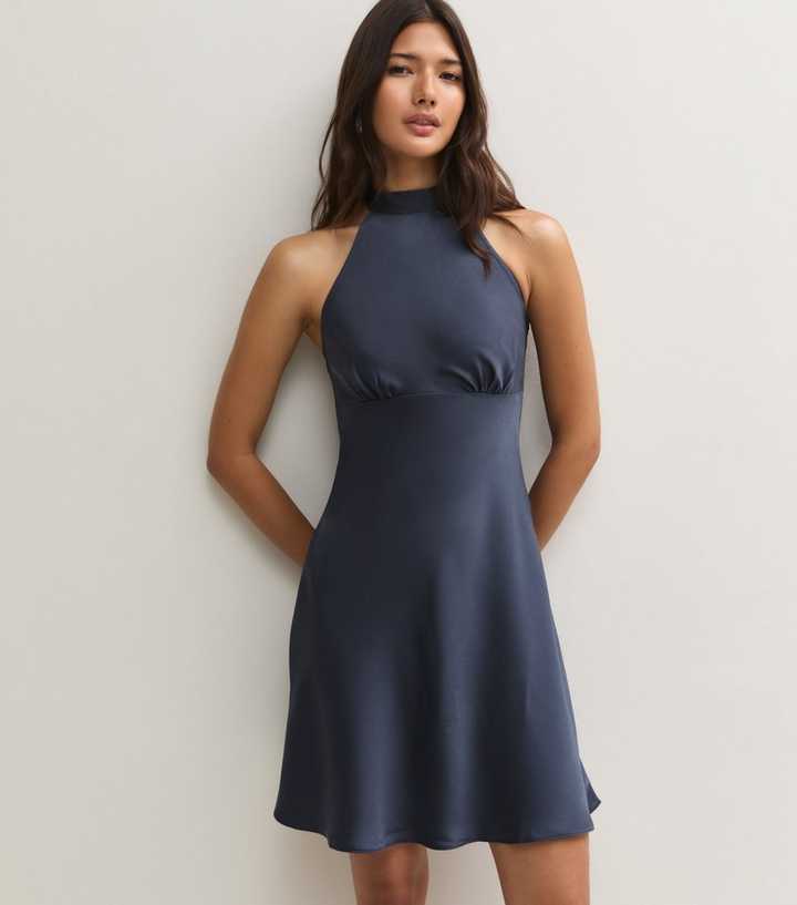 Navy Satin Halter Neck Mini Dress