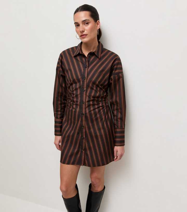 Brown Cotton Striped Mini Shirt Dress