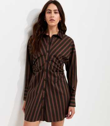 Brown Cotton Striped Mini Shirt Dress