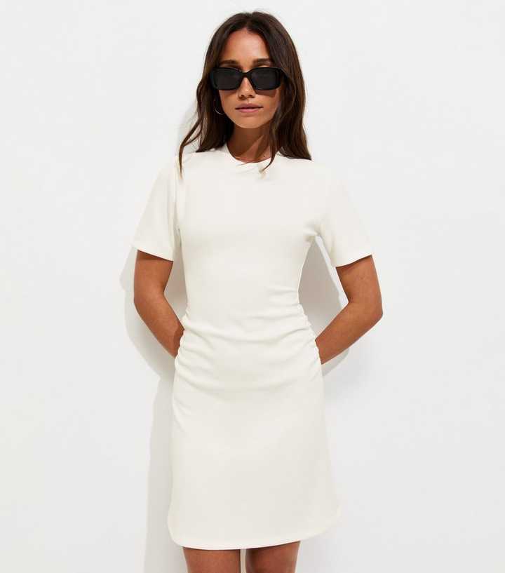 Cream Ruched Side Short Sleeve Mini Dress